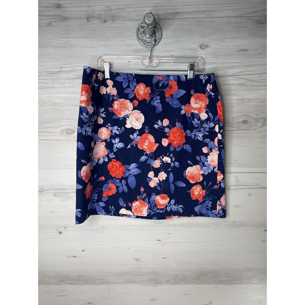 Talbots Skirt Womens 16P Blue Floral Print Petite Lined Stretch Cotton Blend New